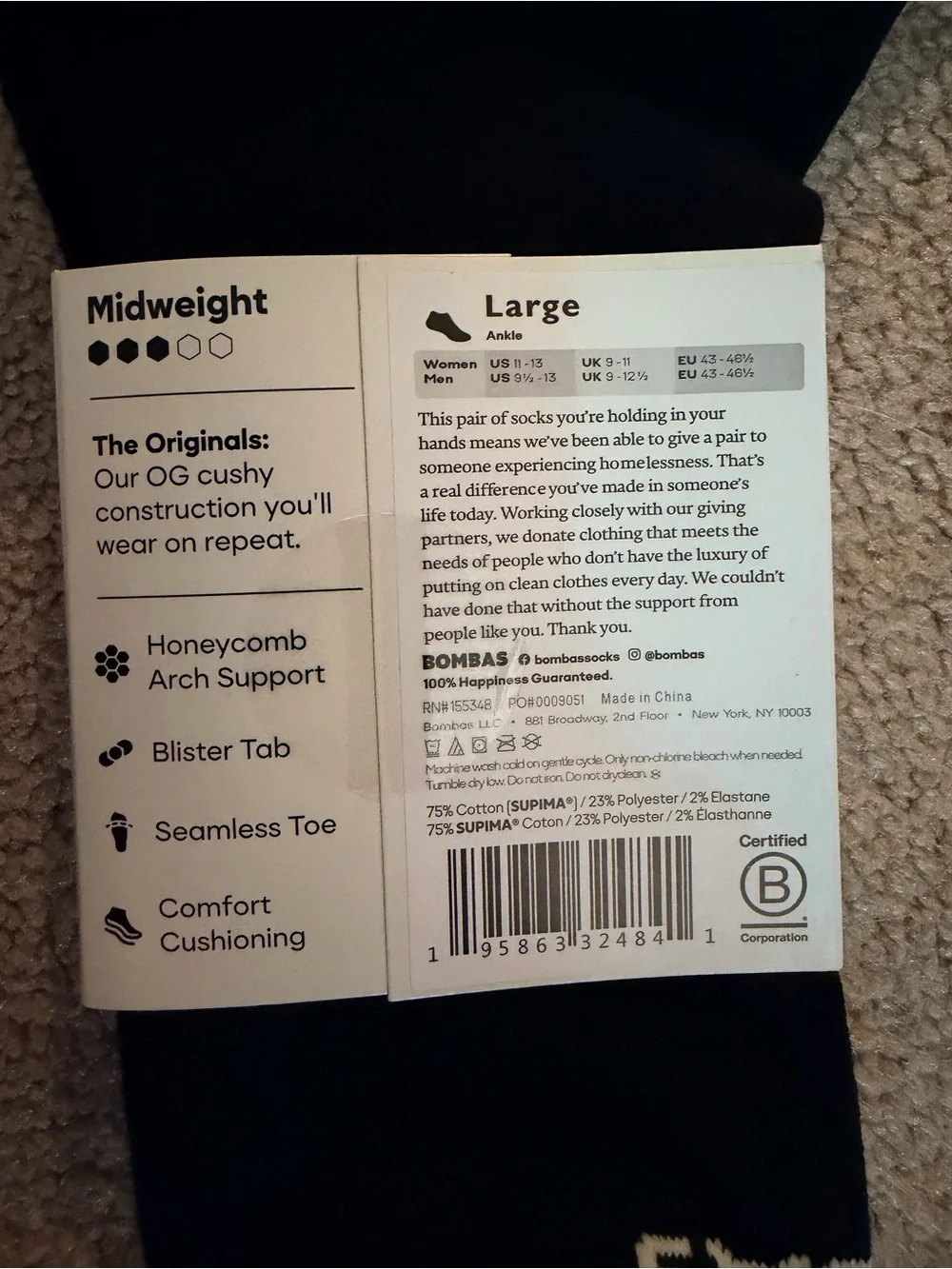 NWT Bombas The Originals Men's Black Quarter Socks Size Large